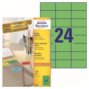 Avery Color Organising Green Labels - 3450, 70x37mm, 24 Labels per Sheet, 100 Sheets in a Pack