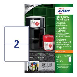 Avery Ultra Heavy Duty Industrial Waterproof GHS Labels B7168-50 Extra Strong Adhesive, 144 x 200 mm, 2LABELS per Sheet, 50 Sheets in a Pack