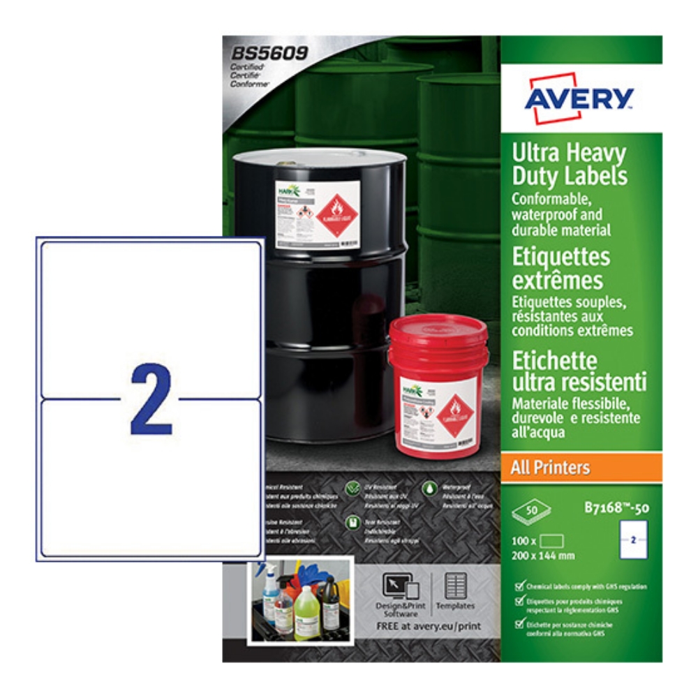Avery Ultra Heavy Duty Industrial Waterproof GHS Labels B7168-50 Extra Strong Adhesive, 144 x 200 mm, 2LABELS per Sheet, 50 Sheets in a Pack