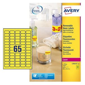 Avery Self-Adhesive Removable Neon Yellow Labels L7651Y-25, 38.1 x 21.2 mm, 65 Labels per Sheet, 25 Sheets in a Pack