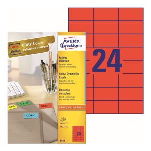 Avery Multipurpose Labels 3448, 70 x 37 mm, Red, 24 Labels per Sheet, 100 Sheets in a Pack, for All Printers