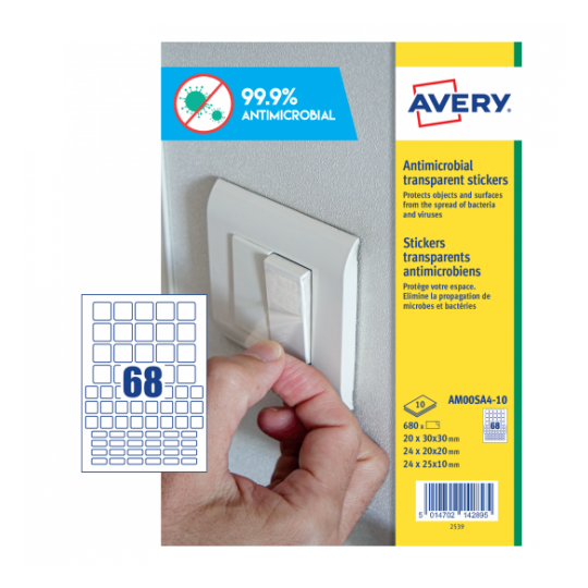 Avery Antimicrobial Square Pre-Cut Labels, 68LABELS per Sheet, 10 Sheets in a Pack (AM00SA4-10)