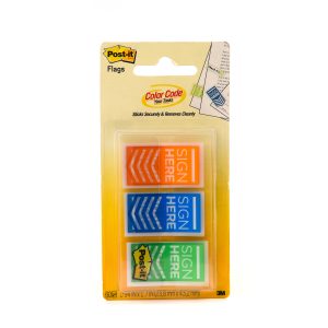 3M Post-it Flags "Sign Here" 682-SH-OBL in OTG Dispenser. 1 x 1.7 in (25.4 mm x 43.2 mm), 20 Flags/color, 3 Colors/pack