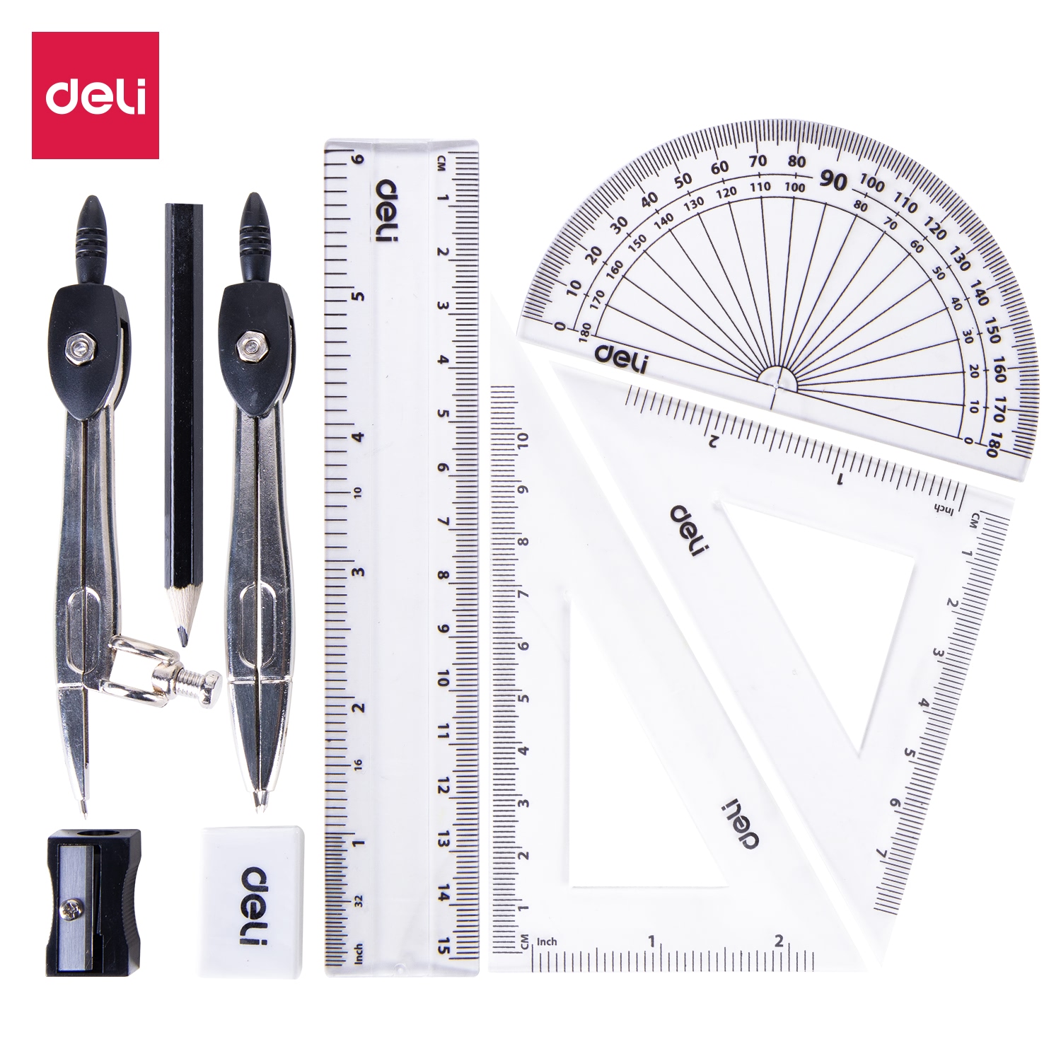 deli EG30695 Drafting Set, 9pcs/Metal box, Assorted Colors - Image 2