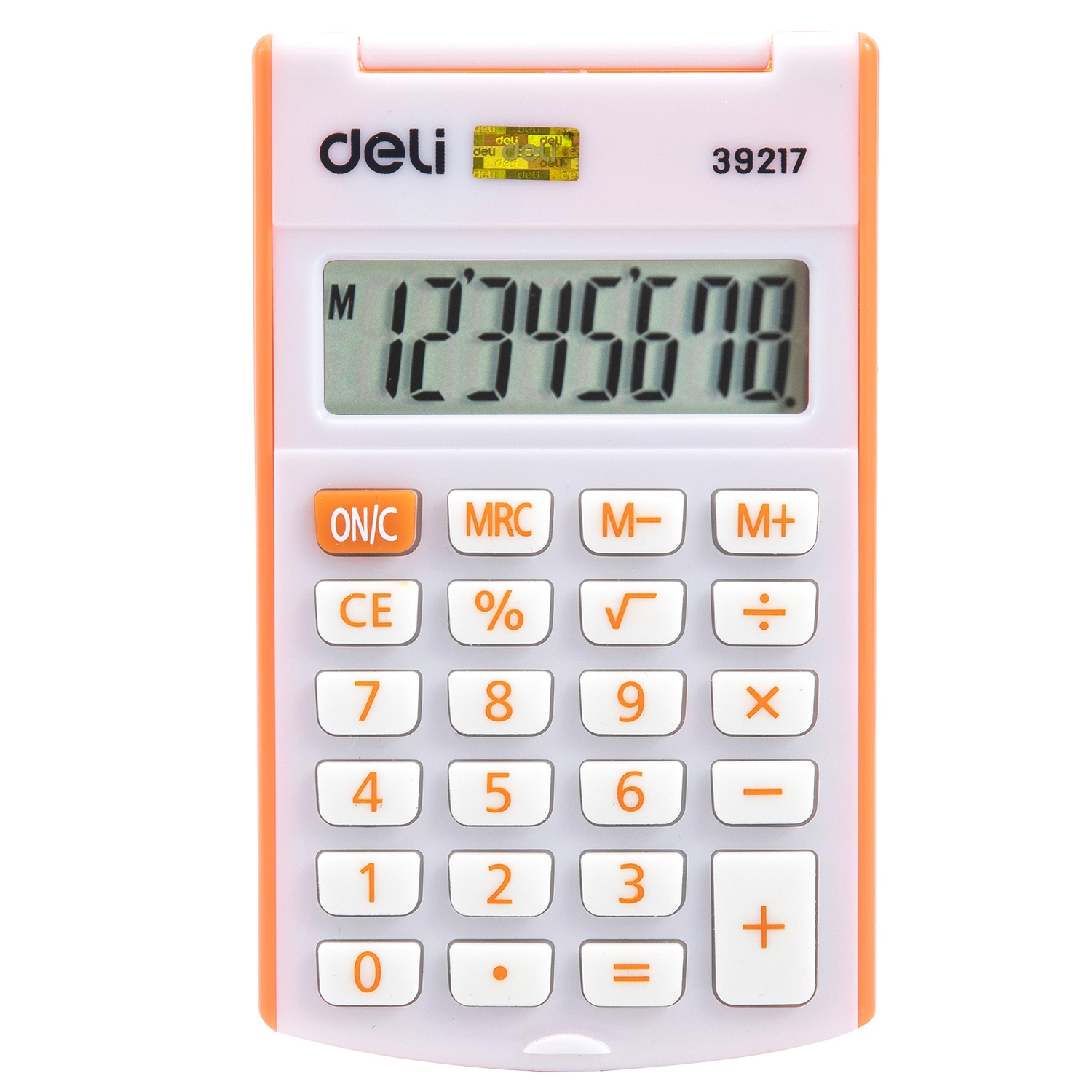 deli E39217 Portable Calculator, Plastic-8 digits,h/cover, Orange - Image 2