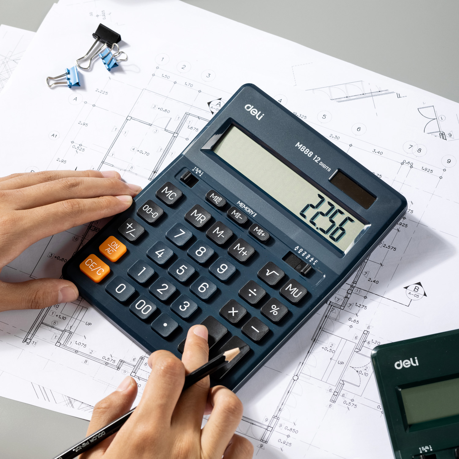 deli EM888F Dual-memory Calculator, Plastic-12 digits, Dark Blue - Image 2