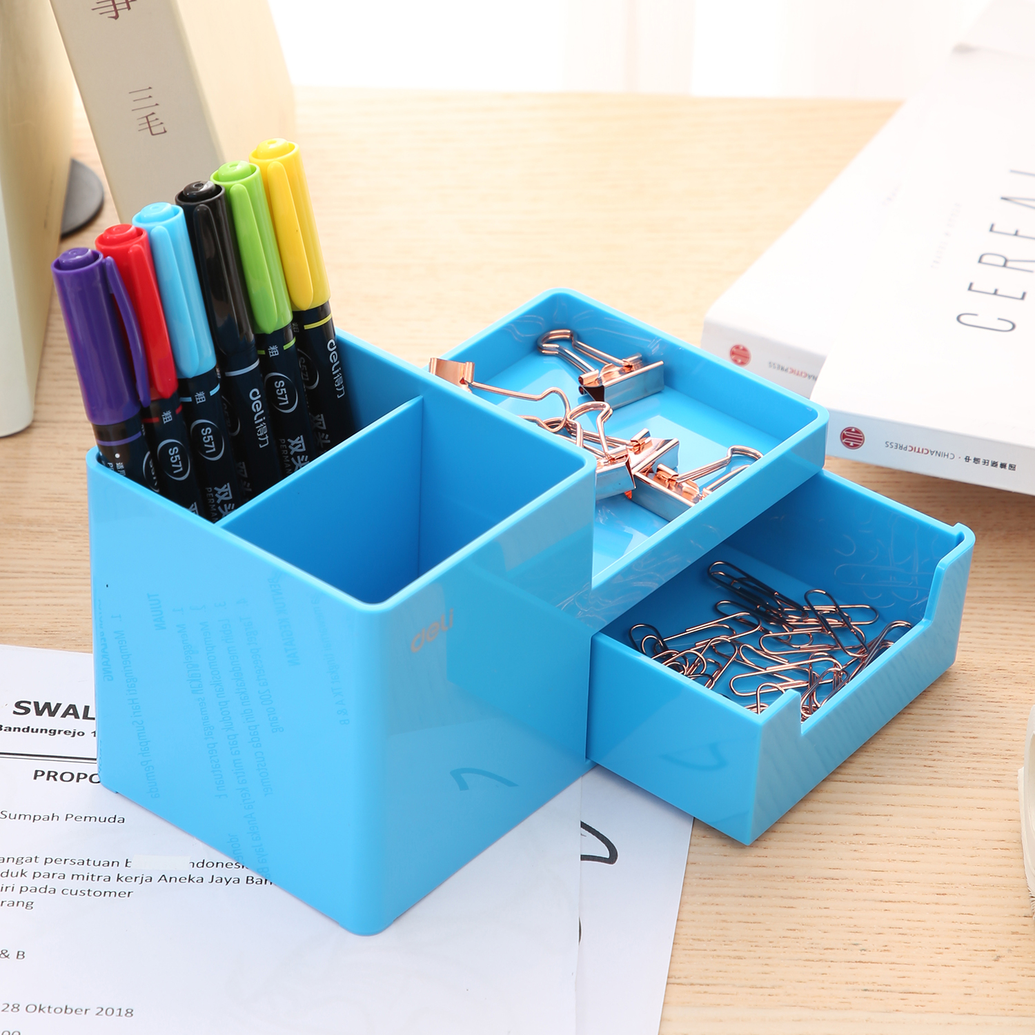 deli EZ25130 Desk Organizer, 175*90*92mm, Blue - Image 3
