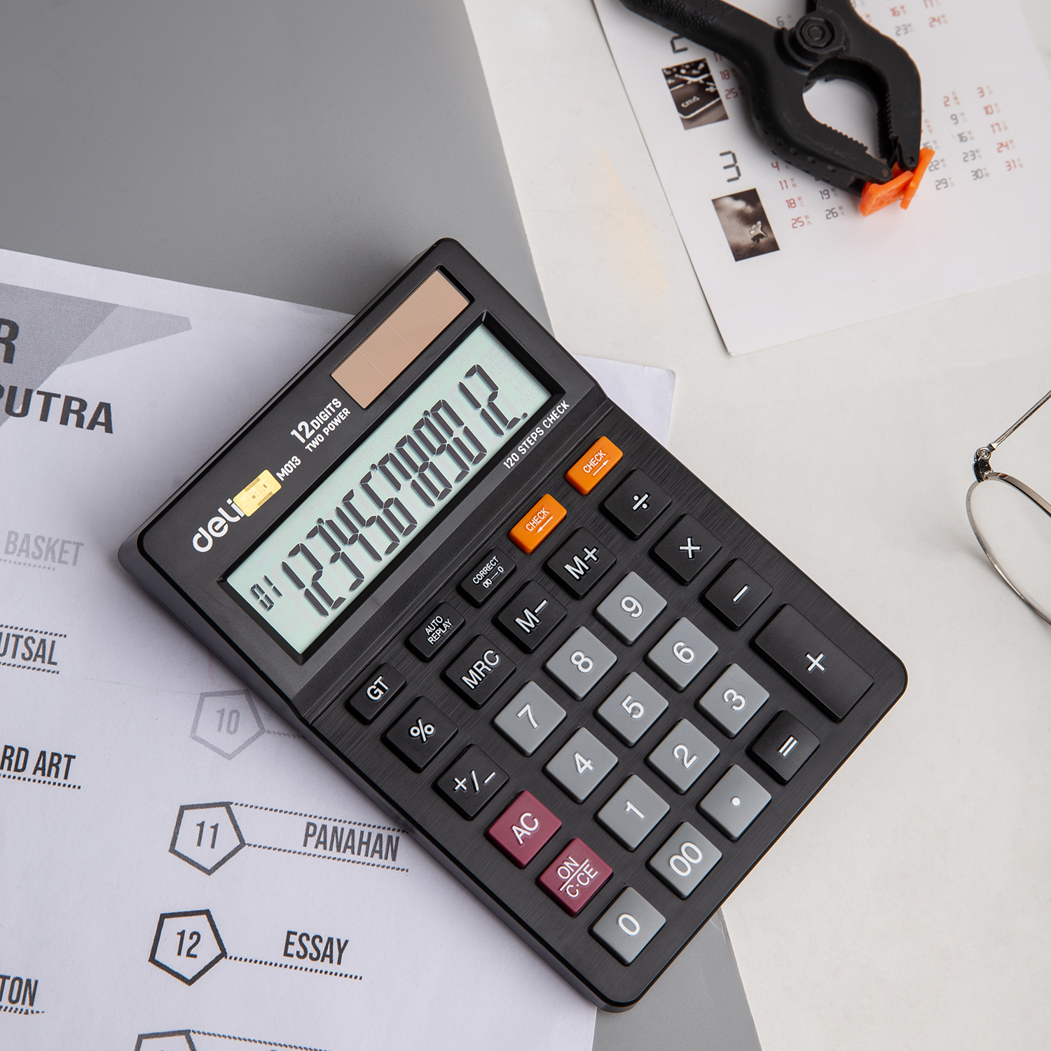 deli EM01320 Desktop Calculator, Plastic-12 Digits, 120 steps check, Black - Image 3