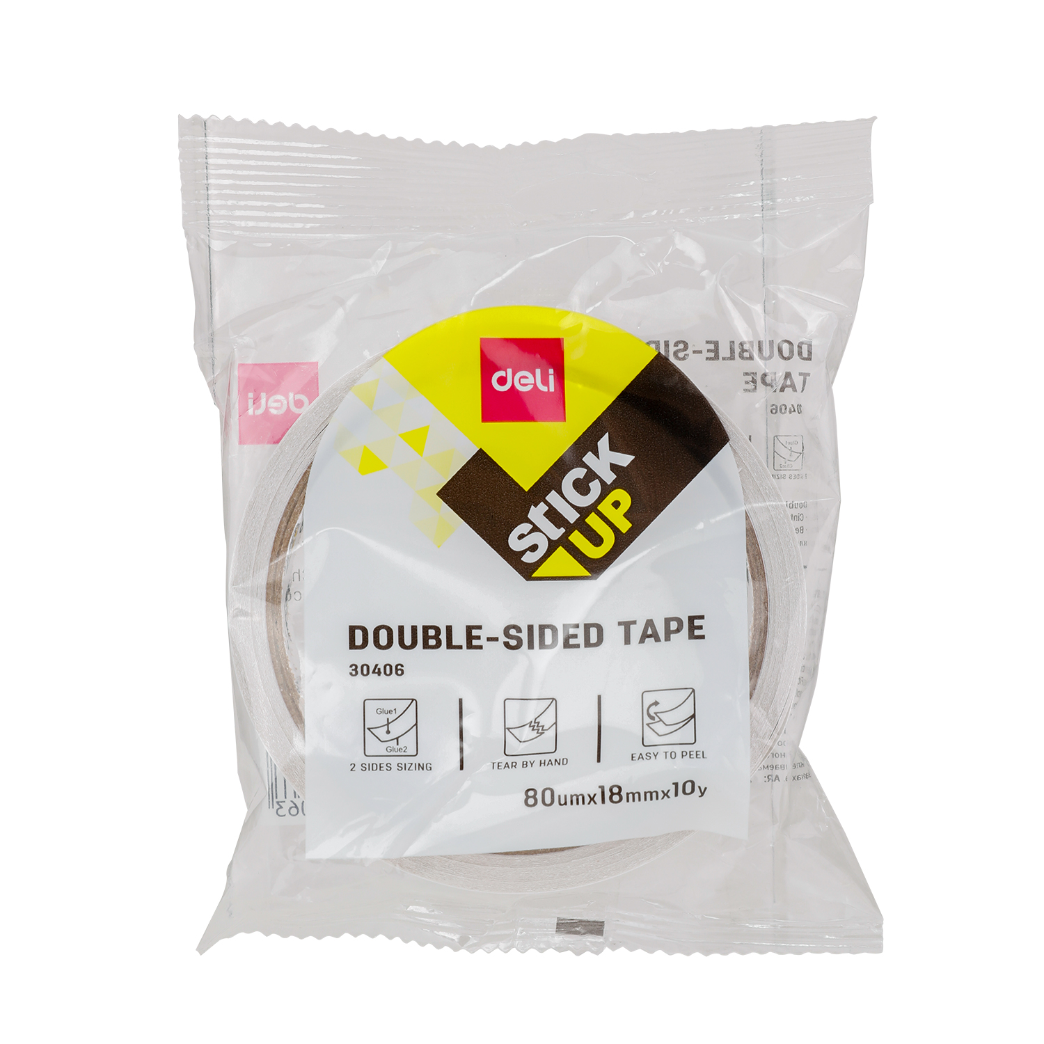deli E30406 Double-Sided Tape, 18mm×10Y×80um(1roll/bag), White - Image 4