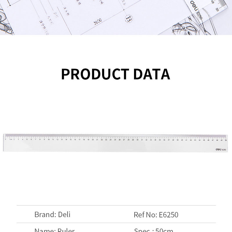 deli E6250 Ruler, 50cm, Transparent - Image 5