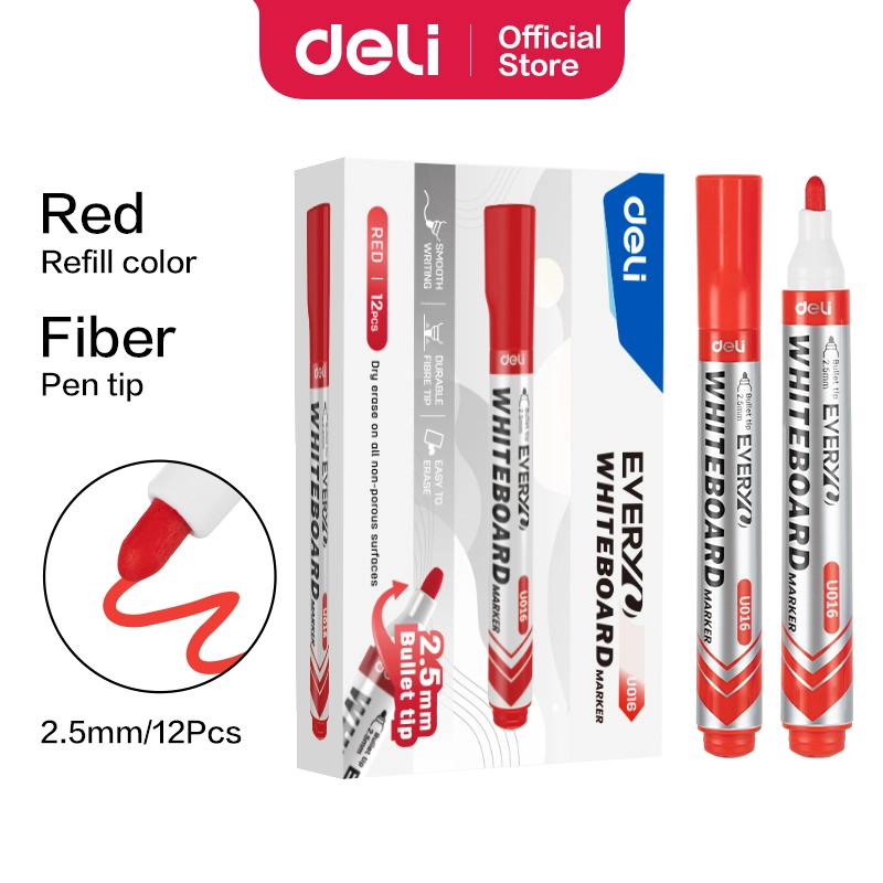 deli EU016-RD Whiteboard Marker, Bullet tip: 2.5mm, Red