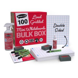 Show-me Bulk Box of 100 x A4 Lined/Gridded Double Sided Whiteboards, pens and erasers plus 2 free cleaners.