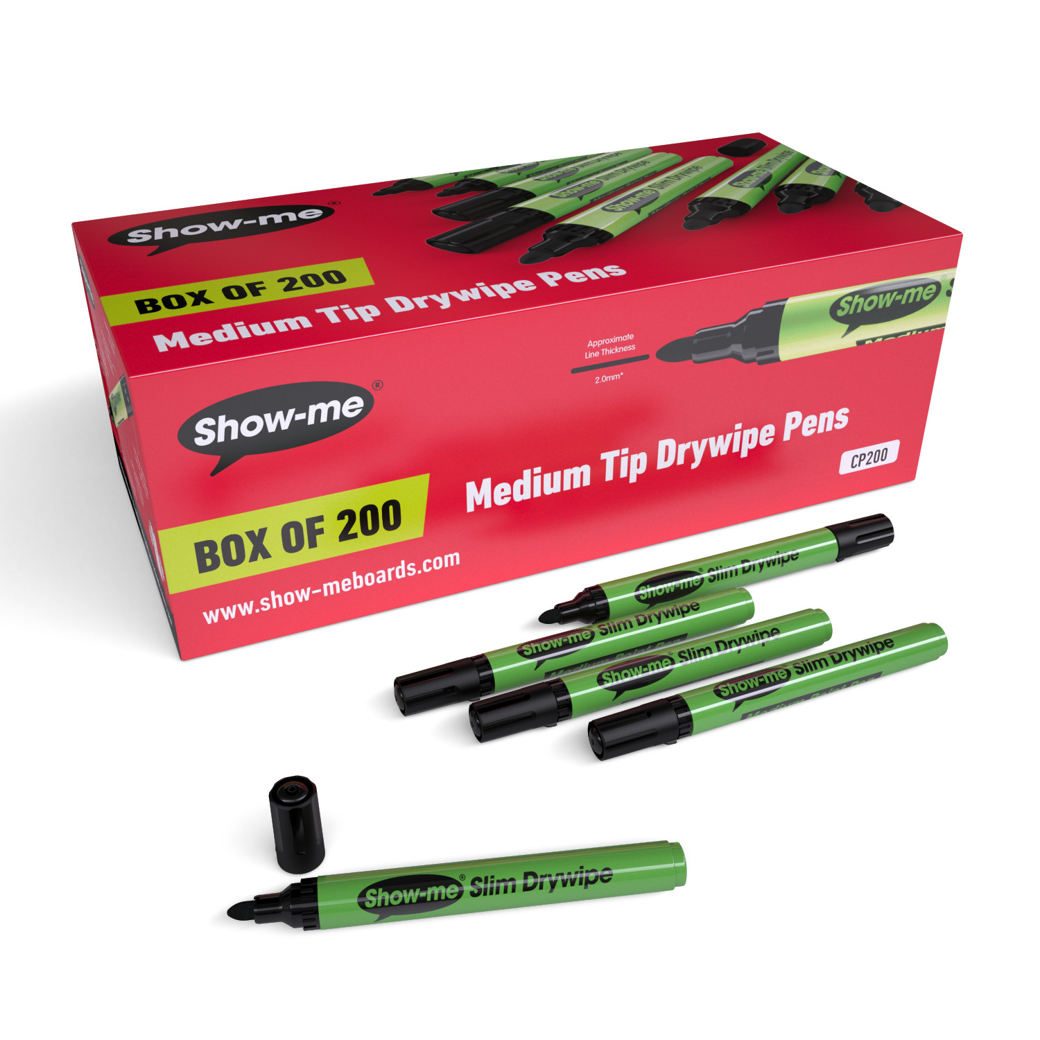 Show-Me Box Of 200 Medium Tip Slim Barrel Whiteboard Markers In Black
