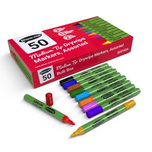 Show-Me Box Of 50 Medium Tip Slim Barrel Whiteboard Markers In Assorted Colours