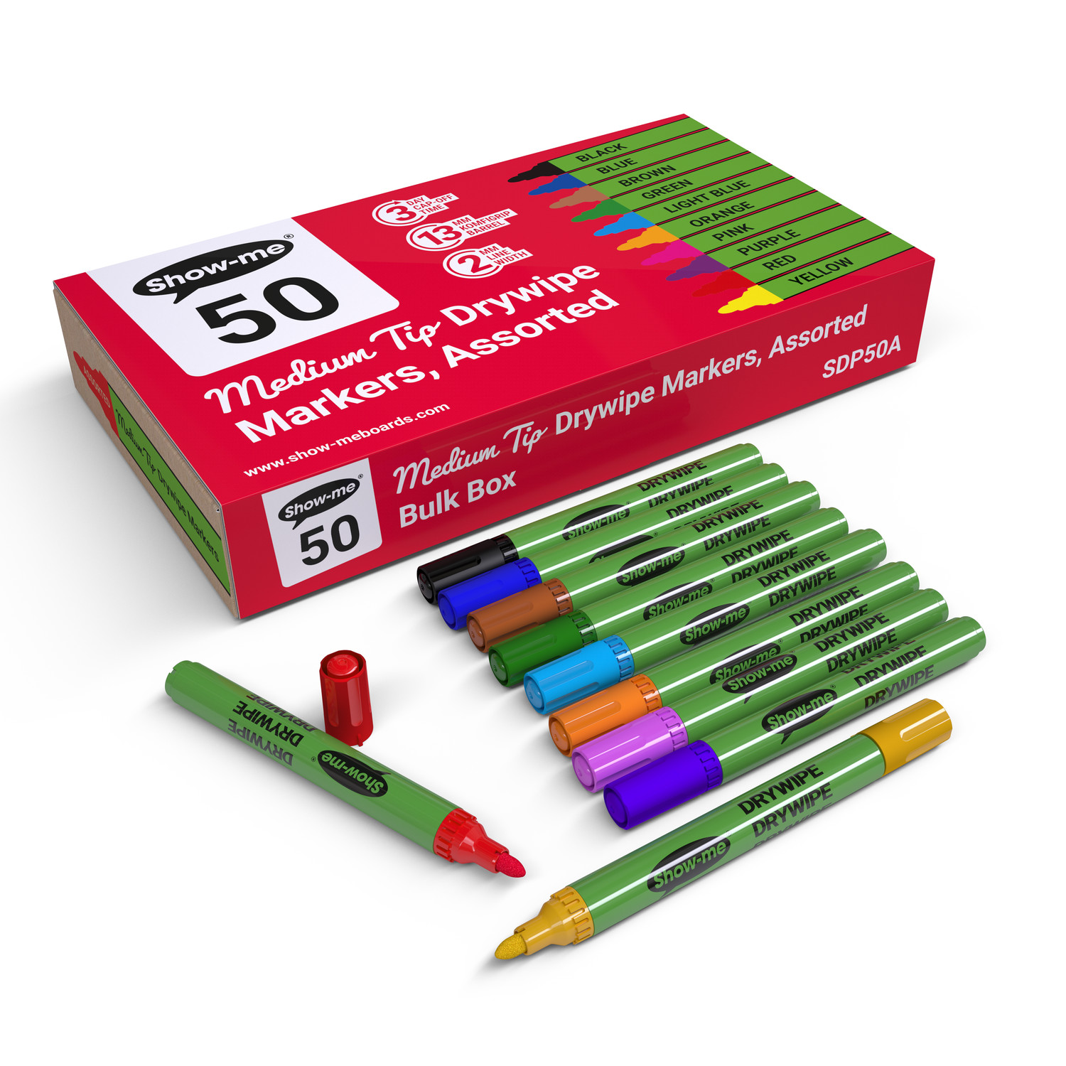 Show-Me Box Of 50 Medium Tip Slim Barrel Whiteboard Markers In Assorted Colours