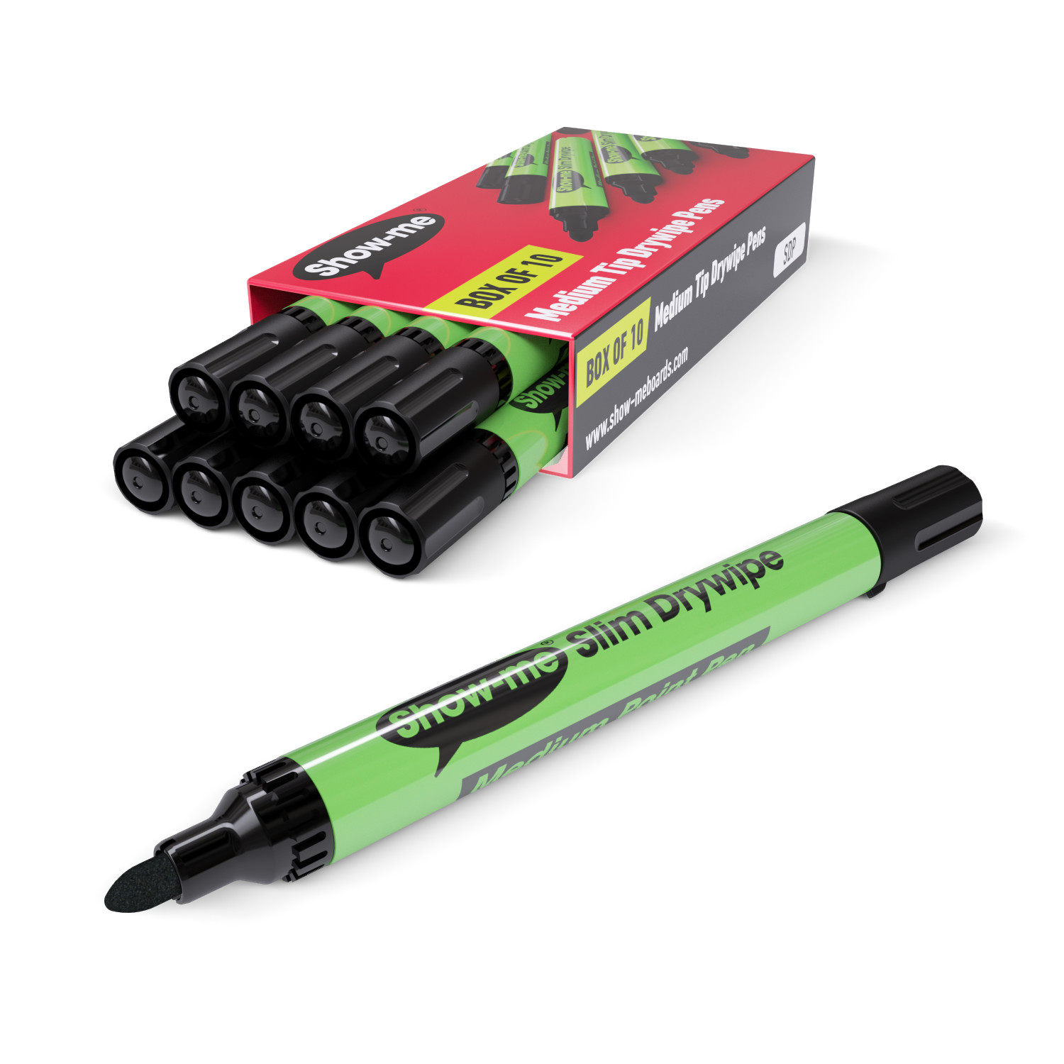 Show-Me Box Of 10 Medium Tip Slim Barrel Whiteboard Markers In Black