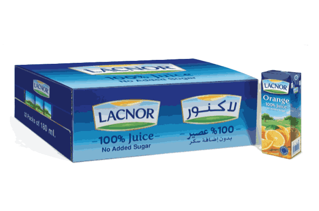 Lacnor Long Life No Added Sugar Orange Juice, 180ml carton of 32 packs